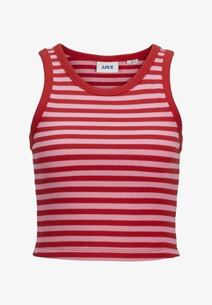 Rød og rosa stripete tank topp med ribbet tekstur, med rund hals og ermeløs design. Etikett inne viser merke og størrelse.