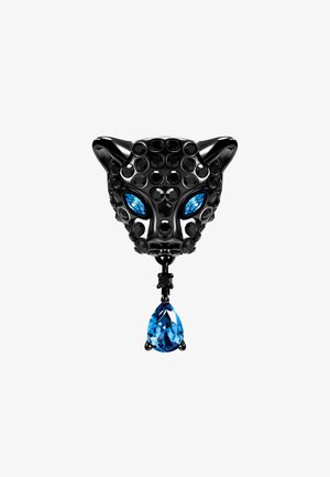Broš s oblikom crnog pantera ukrašen crnim kristalima, sa plavim dragim očima i visećim kruškolikim plavim kamenom.