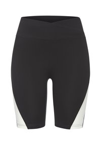 Dlhé čierne cyklistické šortky s vysokým pásom a kontrastným bielym bočným panelom, hladká látka a priliehavý strih, vhodné na športové oblečenie.
