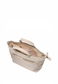 Beige Tote-Bag aus glattem synthetischem Material, mit zwei oberen Griffen, Reißverschluss und einem offenen Innenraum mit einer Tasche.