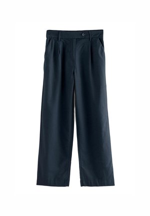 Marineblauwe broek met wijde pijpen, knoopsluiting aan de voorkant, riemlussen, zijzakken en plooien in de taille.