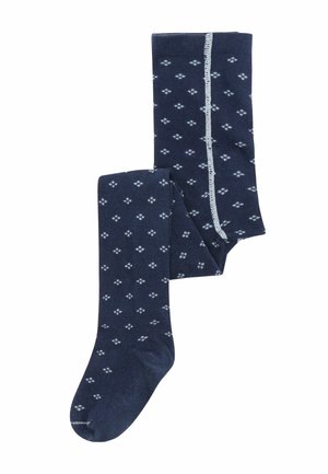 Navy patterned tights featuring a diamond design in light blue. Soft material with a smooth texture and reinforced toe.