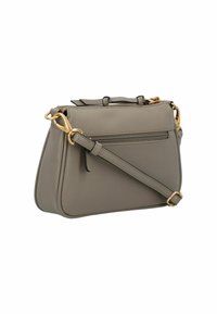 Borsa a tracolla in pelle grigia con forma strutturata, con dettagli in metallo dorato, una tracolla rimovibile e una tasca con zip sul retro.