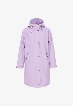 Hele lilla vihmamantli kapuutsiga, nööbid, kaks külgtaskut, reguleeritav jääk ja sile, veekindel välimus.