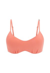 Coral bikini top made of smooth fabric. Features adjustable straps and a gathered center detail for added shape.