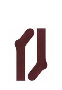 Burgunderfarbene Socken aus glattem, elastischem Material. Sie besitzen eine einfarbige Optik mit einem gerippten Bündchen und einem aufgedruckten Logo in kontrastierender Farbe.