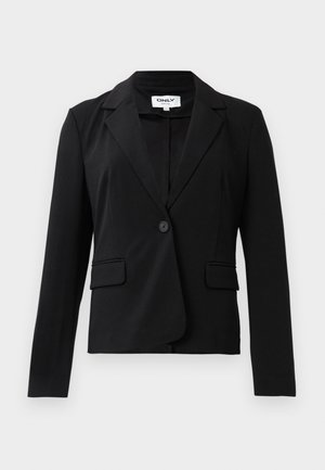 Schwarze taillierte Damenblazer mit Reverskragen, einem einzelnen Knopfverschluss und zwei aufgesetzten Taschen auf der Vorderseite.