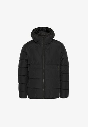 Fekete puffkabát, kapucnival, cipzárral elöl, oldalsó zsebekkel és steppelt textúrával, varrott panelek a szigetelés érdekében.