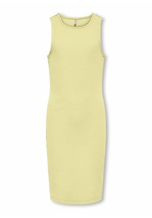 Sleeveless, ribbed, pale yellow knee-length dress with round neckline, fitted silhouette, and side button detail.
