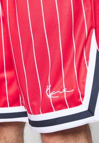Shorts de sport rouges avec des rayures blanches verticales, une bordure noire et blanche, et une petite signature blanche brodée près de l'ourlet.