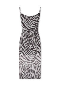 Abito a stampa zebra bianco e nero con spalline sottili, scollatura drappeggiata e vita aderente, realizzato in tessuto leggero e trasparente.