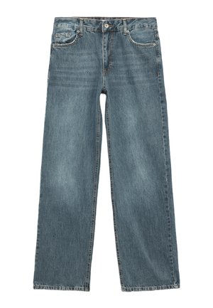 Jean en denim bleu à jambes droites, cinq poches, fermeture par bouton et zip, avec des coutures visibles.