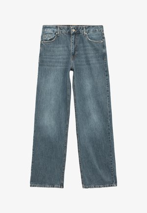 Niebieskie jeansy z denimu o prostych nogawkach, pięcioma kieszeniami, zapięciem na guzik i suwak oraz widocznymi przeszyciami.