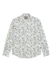 Camicia bianca a maniche lunghe con un motivo floreale nero. Il tessuto è leggero, con colletto classico e chiusura frontale con bottoni.
