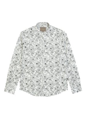 Camicia bianca a maniche lunghe con un motivo floreale nero. Il tessuto è leggero, con colletto classico e chiusura frontale con bottoni.