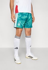 Zeleni nogometni hlačke z teksturiranim dizajnom, belimi črtami in uradnim grbom, kombinirane s črno-belimi kolenskimi nogavicami in kopačkami.