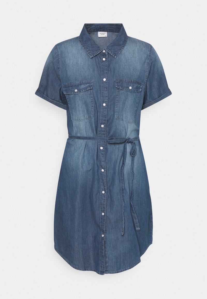 Denim shirtin mekko lyhyillä hihoilla, napillinen etuosa, kaksi rintataskua, vyö vyötäröllä ja pyöristetty helma. Keskisininen pesu.