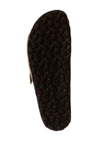 Zwarte rubberen buitenzool met een golvend profiel, met beige zijdetails. Vlakke ondergrond, ergonomische vorm voor comfort.