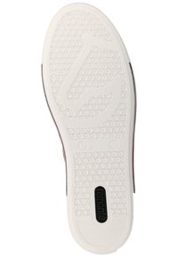 Semelle de chaussure en caoutchouc blanc avec motif hexagonal et zones lisses. Présente un logo circulaire et une étiquette noire "remonte" près du talon.