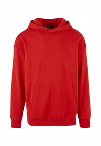 Felpa con cappuccio rossa realizzata in tessuto morbido, con tasca frontale, maniche lunghe e polsini a costine. Nessun motivo o dettaglio visibile.