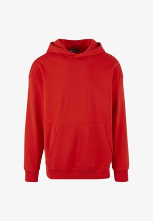 Rode hooded sweatshirt van zacht fabric, met een voorkant zak, lange mouwen en ribgebreide boorden. Geen zichtbare patronen of accenten.