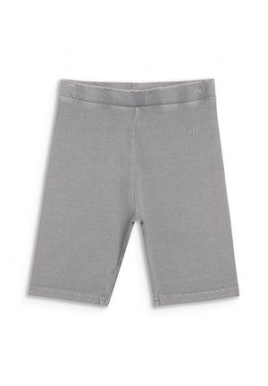 Shorts extensibles gris longueur genou avec une taille élastique et un petit logo embossé en haut à droite.