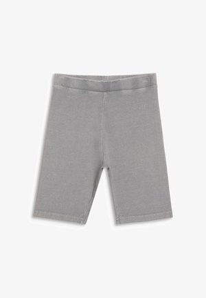 Shorts extensibles gris longueur genou avec une taille élastique et un petit logo embossé en haut à droite.