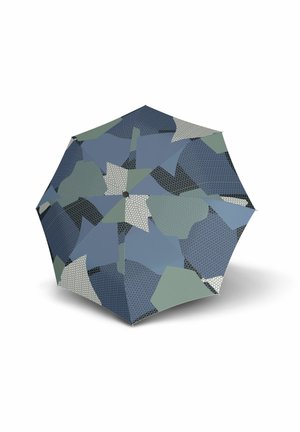 Folded umbrella with geometric patchwork in shades of blue, gray, and green, featuring small hexagonal patterns on some sections.