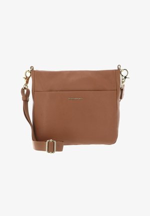 Sac bandoulière en cuir marron avec surface texturée, sangle réglable, ferrures dorées et poche avant. Forme rectangulaire.