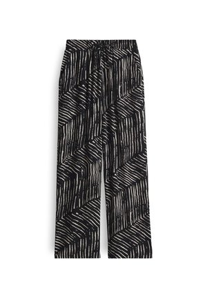 Black and white patterned wide-leg pants with a drawstring waist, featuring a geometric design with vertical and diagonal lines.
