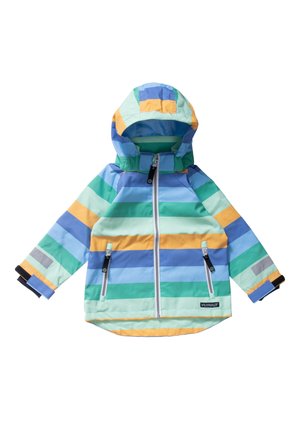 Kinder-Regenjacke mit Kapuze und horizontalen Streifen in Blau, Grün, Gelb und Hellteal, mit Frontreißverschluss und zwei Reißverschlusstaschen.