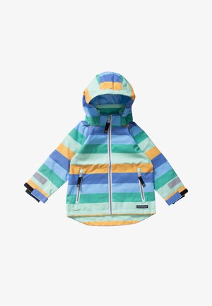 Children's hooded rain jacket with horizontal stripes in blue, green, yellow, and light teal, featuring front zip and two zippered pockets.