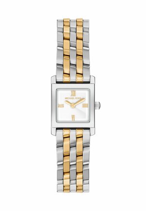 Quadratische Silber- und Gold-Zweifarbenuhr aus Metall mit weißem Zifferblatt und goldfarbenen römischen Ziffern bei 12, 3, 6 und 9.