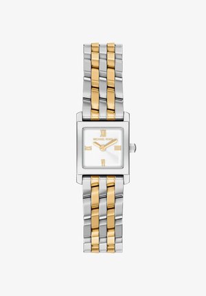 Quadratische Silber- und Gold-Zweifarbenuhr aus Metall mit weißem Zifferblatt und goldfarbenen römischen Ziffern bei 12, 3, 6 und 9.