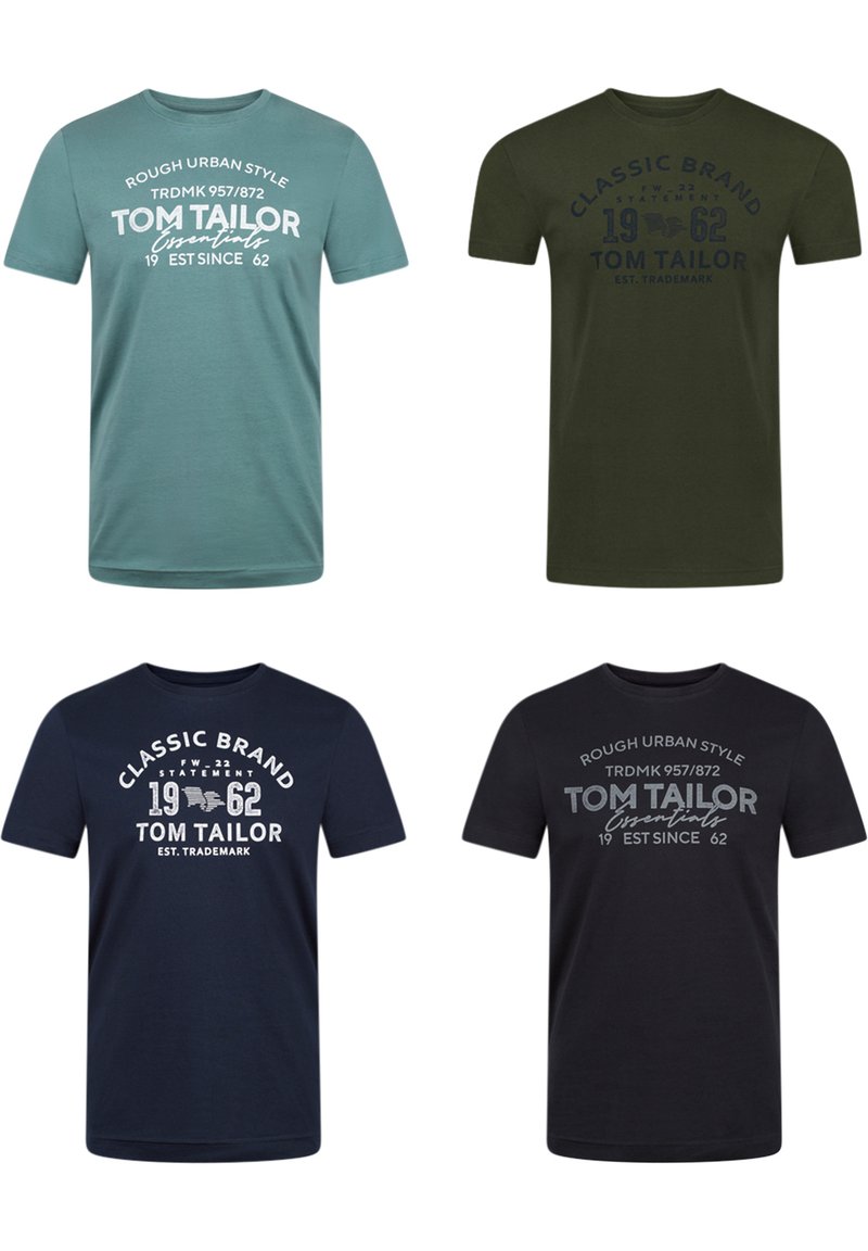 Cuatro camisetas: color verde azulado con estampado blanco, verde oliva con estampado oscuro, azul marino con estampado blanco y una variante negra con estampado gris. Diseño de cuello redondo.