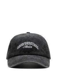 Black cap made of soft fabric featuring a curved brim. "GOODFORNOTHING Atelier" embroidered in white arch across the front.