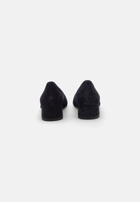 Navy suede block-heeled shoes with a pointed toe and low heel. Smooth texture and minimalist design; crafted for a sleek look.