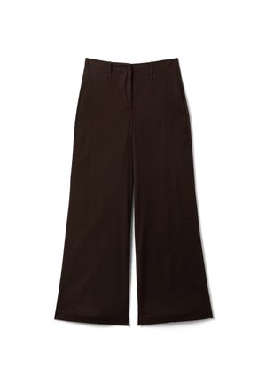Pantalon marron à jambes larges avec fermeture éclair à l'avant et passants pour ceinture, présenté à plat sur un fond blanc.