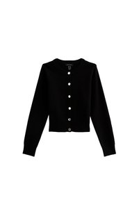Schwarze Strickjacke mit rundem Halsausschnitt, langen Ärmeln und sechs glänzenden Knopfverschlüssen an der Vorderseite. Gerippter Saum und Bündchen.