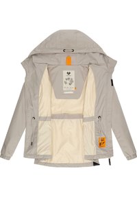 Lichtgrijze waterdichte jas met capuchon, voorzien van een gladde binnenvoering, oranje accenten en meerdere binnenzakken.