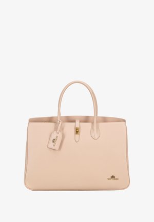 Beige leren handtas met een gestructureerde afwerking, twee handvaten, een gouden sluiting en een merklabel. Rechthoekige vorm met zachte randen.