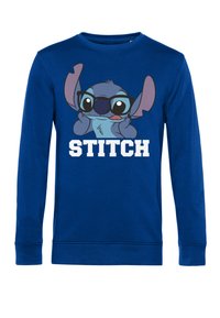 Blaues Langarm-Sweatshirt aus Baumwolle, mit einem Grafikdesign eines Cartoon-Charakters mit Brille und dem Text "STITCH" darunter.