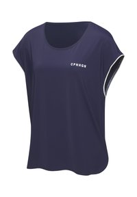 Tumši zils īsa piedurkņu tops, izgatavots no gluda, viegla materiāla ar apaļu kakla izgriezumu un baltu tekstu "CPNHGN" priekšpusē.