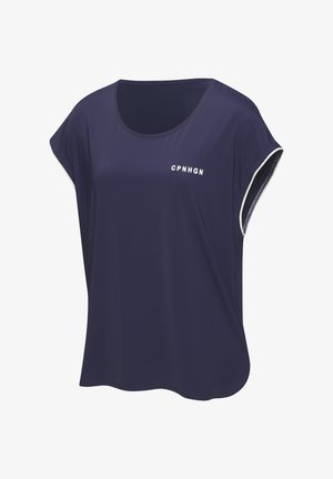 Navy blue short-sleeve top made of smooth, lightweight material with a rounded neckline and white "CPNHGN" text on the front.