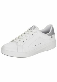 Białe skórzane sneakersy z teksturowanymi szarymi akcentami, okrągłym noskiem i płaską gumową podeszwą. Oferują klasyczne sznurowanie oraz perforowane detale po bokach.