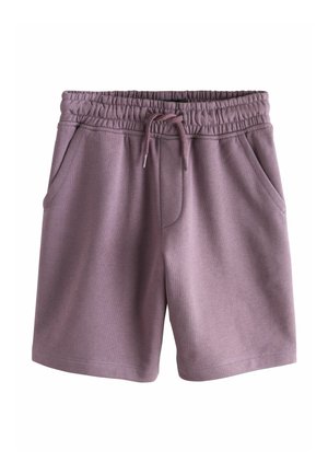 Lila Baumwollshorts mit elastischem Bund, verstellbarem Kordelzug und zwei Seitentaschen. Glatte Textur mit minimalen Nahtdetails.