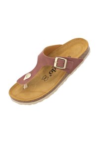 Bruine faux leren slinger sandaal met een gespsluiting, een gevormd kurken voetbed en een profielrubberen loopzool.