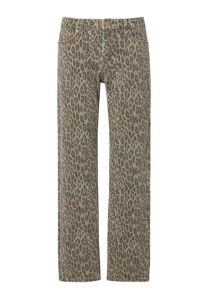 Luipaardprint jeans met een neutrale tan achtergrond, voorzien van een rechte snit en vijf zakken, afgewerkt met metalen klinknagels en een knop.