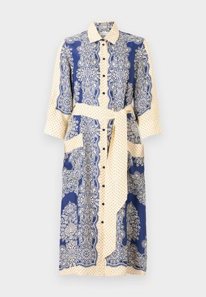 Hemdblusenkleid mit einem Marineblau- und Cremefarbenschema, floralen Mustern, Pünktchen, Dreiviertelärmel und einem Taillengürtel.