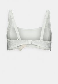 Bralette cinza claro com uma faixa texturizada, alças ajustáveis e fecho de gancho. Tecido liso com costuras mínimas para maior conforto.
